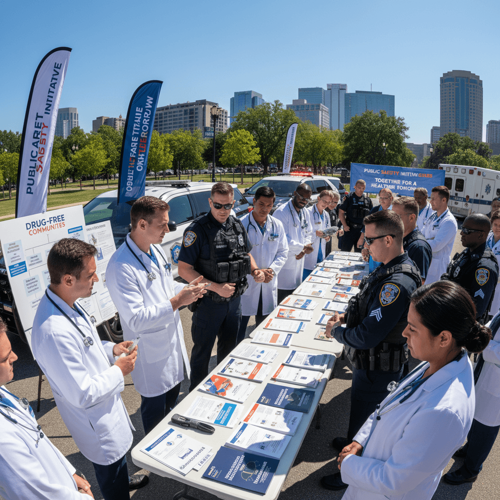 Medical and law enforcement professionals working together on drug prevention and public safety awareness